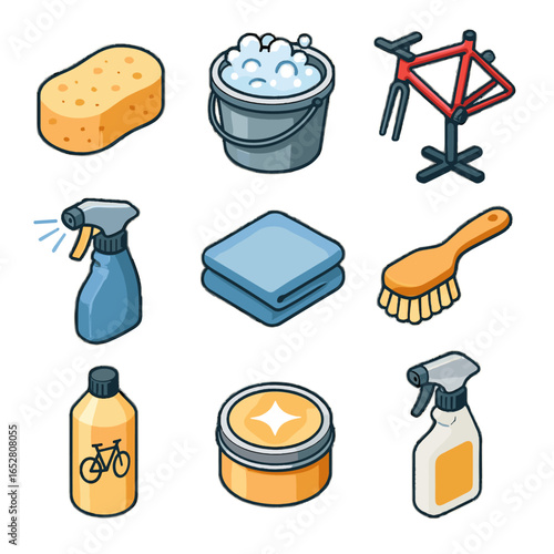 Icon soft gentle cleaning bike spray soapy frame vector protective bucket cloth