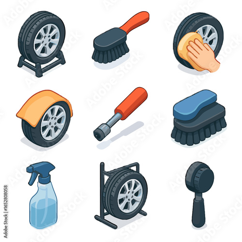 Cleaning scrubber icons icon dirt brush wheel vector cloth valve rack bottle