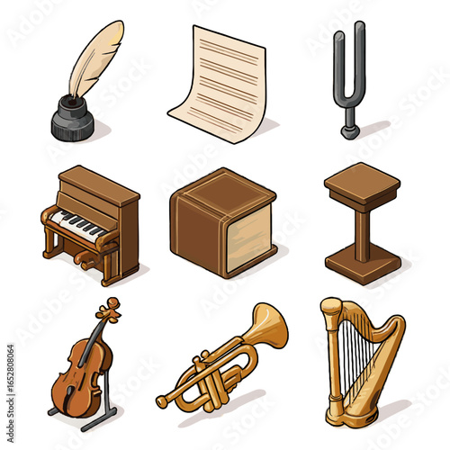 Staff book harp classical icon stand vector fork inkpot music parchment trumpet
