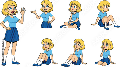 Cartoon blonde girl character set, young woman sitting and standing, thoughtful and cheerful expressions, blue dress with polka dots, casual cute female, multiple poses, vector illustration