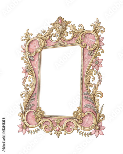 A rococo style thin frame, pink and gold, isolated white background,