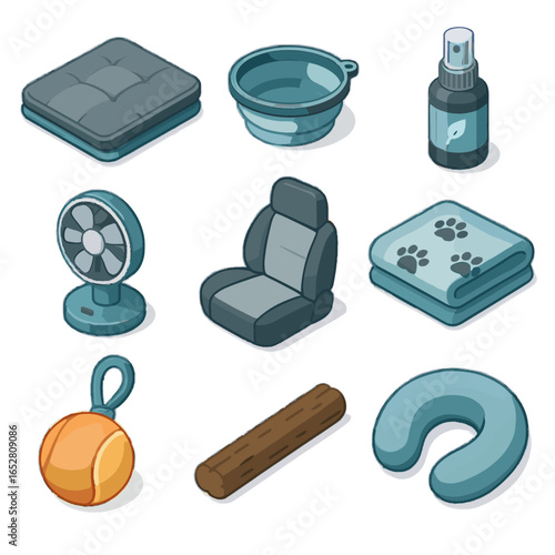 Travel crate essentials seat neck pet cushion small scented vector calming icon