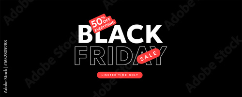 Black Friday Sale web banner, poster, flyer, or label in black, red and white colors with modern typography. Black Friday template for advertising, social and fashion ads and sales 
