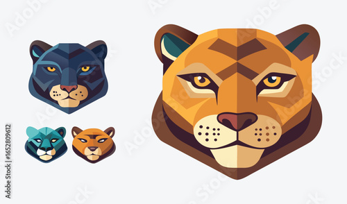 Cute animal icon set including a cartoon baby pet cat, tiger, and wild zoo lion vector illustration