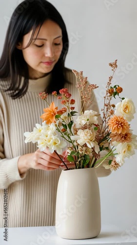 Woman arranging elegant floral bouquet in minimalist vase indoors