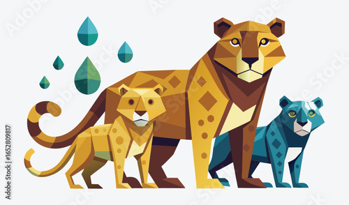 A cute vector illustration set of cartoon animals like a playful puppy, a cuddly teddy bear, a baby lion, and a cat
