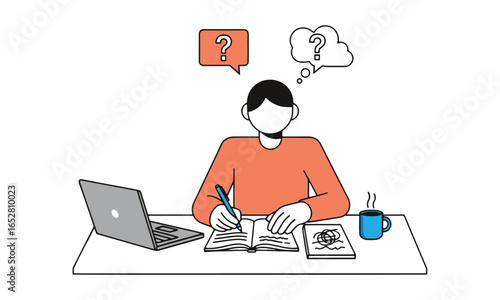 Creative thinker brainstorming ideas with laptop and coffee vector