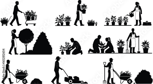 Gardening people silhouette vector illustration, gardener planting flowers, watering plants, trimming trees, pushing wheelbarrow, lawn mowing, garden work, outdoor farming, agriculture, eco lifestyle