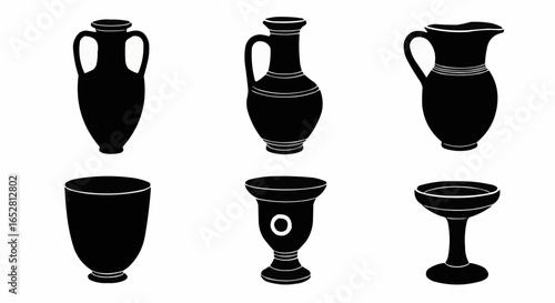 Ancient Pottery Silhouette Set on White Background – Amphora, Clay Pots, Terracotta Vases, Urns, Historic Jars, Archaeological Relics and Ceramic Vessel Vector Silhouettes Isolated