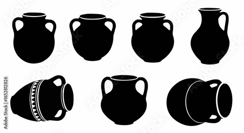 Ancient Pottery Silhouette Set on White Background – Amphora, Clay Pots, Terracotta Vases, Urns, Historic Jars, Archaeological Relics and Ceramic Vessel Vector Silhouettes Isolated