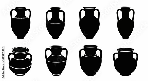 Ancient Pottery Silhouette Set on White Background – Amphora, Clay Pots, Terracotta Vases, Urns, Historic Jars, Archaeological Relics and Ceramic Vessel Vector Silhouettes Isolated