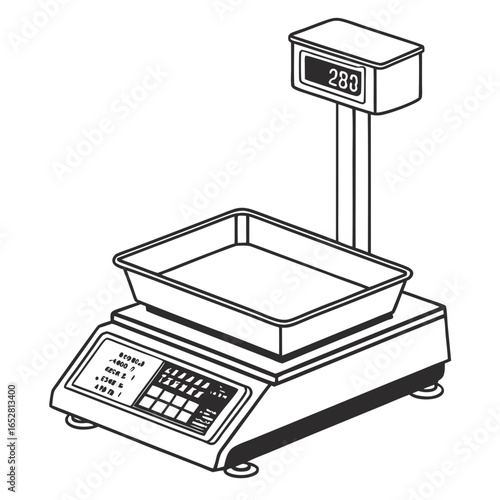 A simple line drawing of a digital weighing scale with a display showing the number 283 and a tray