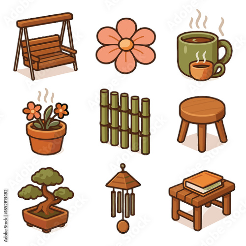 Watering flower vector mug stool urban bench isometric petal mini book garden