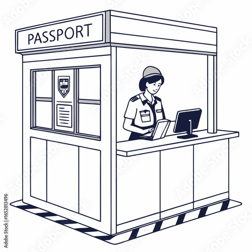 Border control officer checking passport at a passport control booth with computer and documents