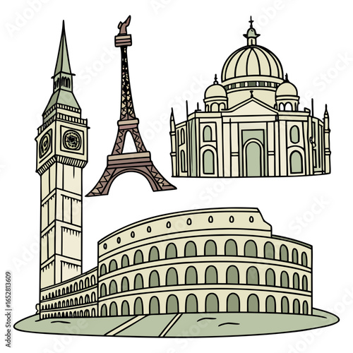 Collection of famous international landmarks including big ben eiffel tower colosseum and a domed building