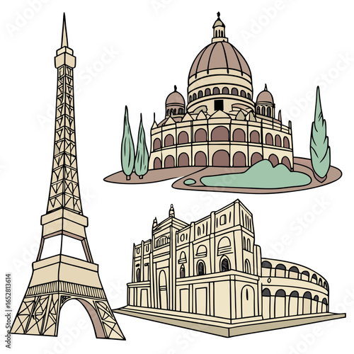 Collection of famous european landmarks including the eiffel tower sacre c ur basilica and the colosseum in a stylized drawing