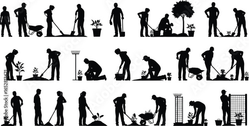 Gardening silhouettes of people planting, watering, digging, teamwork in garden, plant care, agriculture, farming, tree planting, outdoor work, black vector illustration