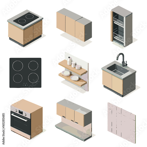 Backsplash island overhead modern cabinets vector shelves lighting icon isometric tiles kitchen
