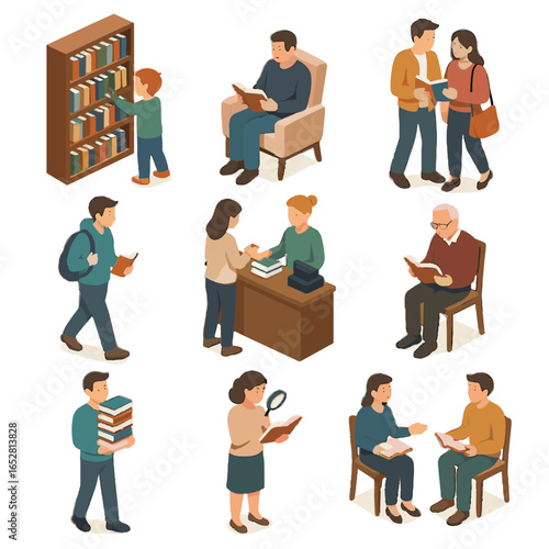Bookstore stack couple shopping seated icon person browsing set vector counter reading