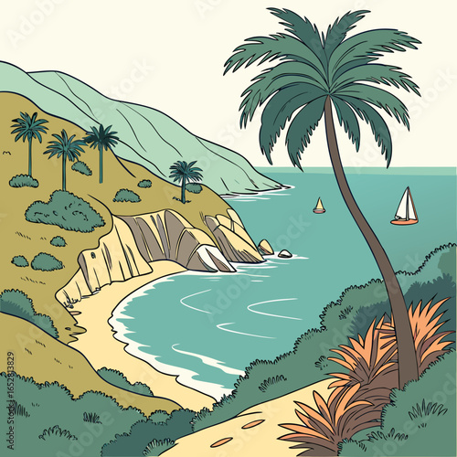 Idyllic coastal landscape with a sandy beach palm trees rocky cliffs and sailboats on turquoise water