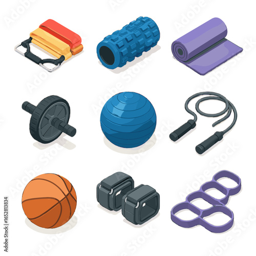 Mat icon resistance vector bands wheel gym ball accessory strap icons balance