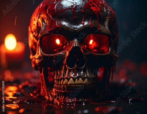 Blood-soaked skull, glowing red eyes, dark ambiance
