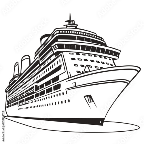 Modern cruise ship illustration in black and white with a clean outline and simple design
