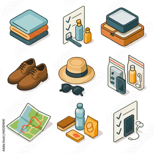 Packing clothes list chart vector snacks essentials bags icon folded map icons