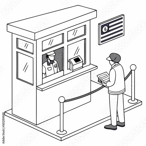 Person waiting in line at a security checkpoint with a guard in a booth