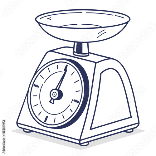 Retro kitchen scale with a dial and weighing pan in a simple line drawing style