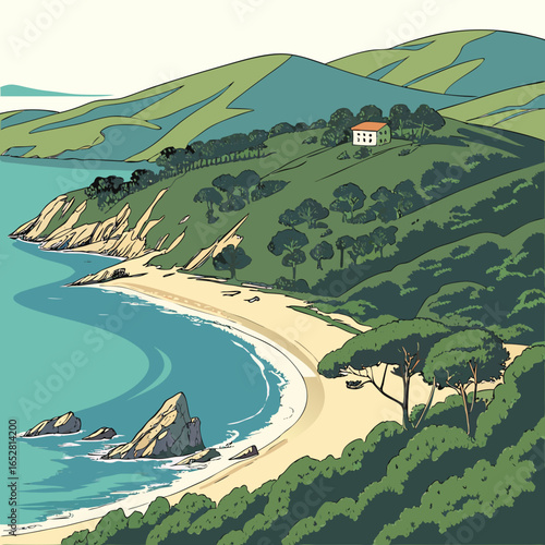 Serene coastal landscape with a sandy beach turquoise water rocky outcrops and a house on a green hillside