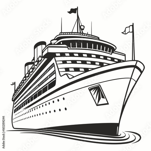 Stylized black and white illustration of a large passenger cruise ship sailing on the water
