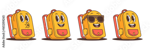 Retro cartoon school backpack characters with bold outlines, playful facial expressions, and vibrant yellow design. Ideal for educational graphics, kids content, and mascot branding