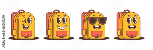 Yellow cartoon school backpack characters showing cheerful, funny, confident and excited expressions with playful retro cartoon style. Perfect for kids branding, educational projects or sticker design