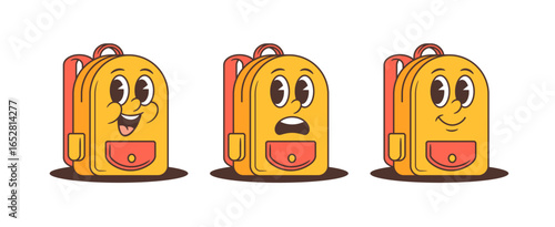 Retro cartoon school backpack mascots with expressive eyes and colorful faces showing joy, surprise, calm, and shyness. Perfect for children’s content, educational design, and character-based visuals