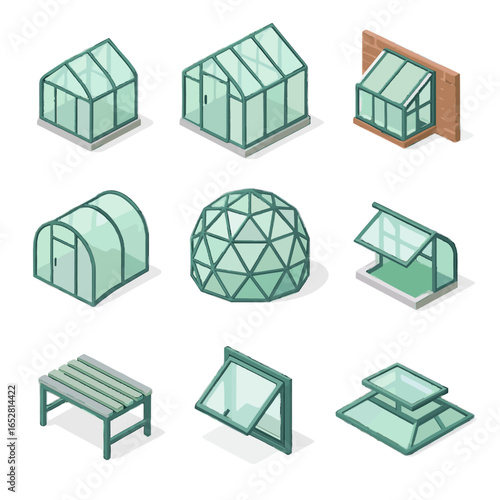 Icons isometric geodesic greenhouse bench vector icon hoop dome window small ventilation