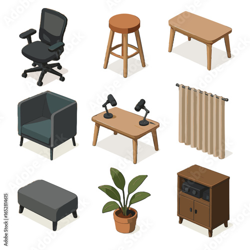 Isometric low furniture couch vector icon podcast stool recording cabinet footrest table