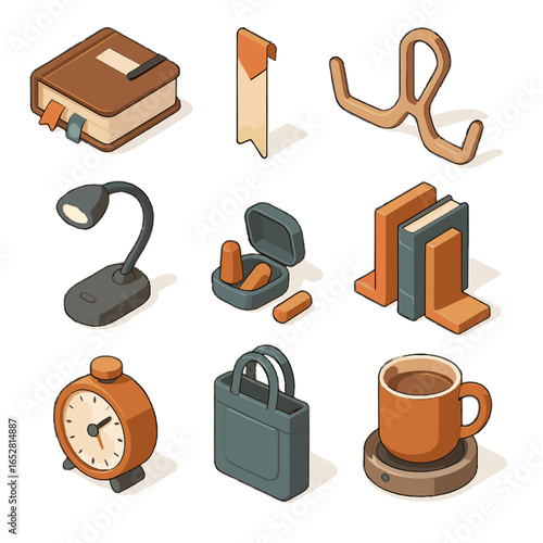 Journal earplugs lover book light bookmark icon vector s warmer tea reading