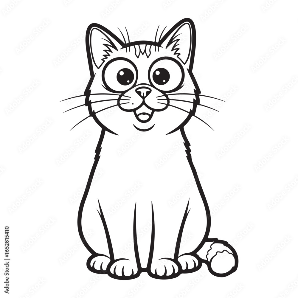 Fototapeta premium Cartoon cat sitting with big eyes in black and white outline coloring page