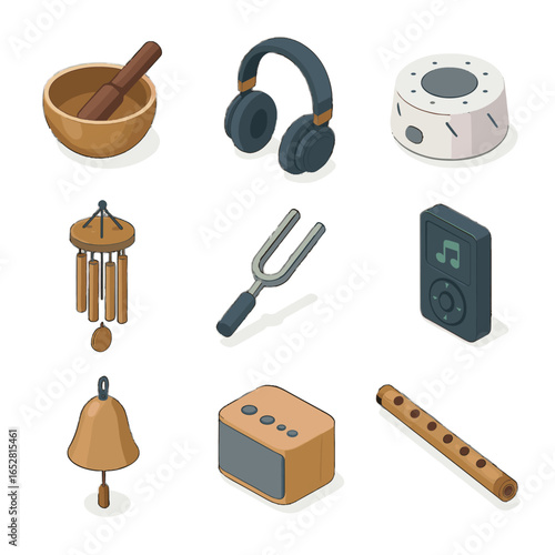 Sound audio bowl bell icon wellness fork calming headphones singing white vector