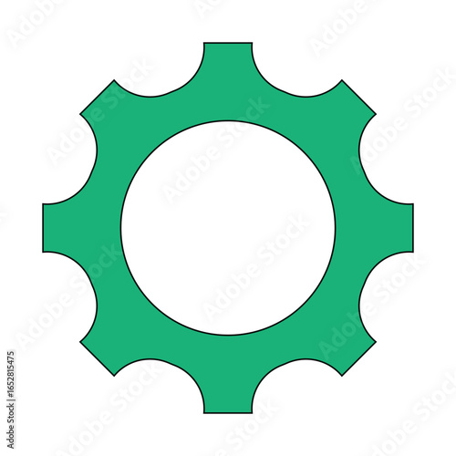 A minimalist vector illustration of a single green mechanical gear with eight rounded, scalloped teeth, isolated on a plain white background.