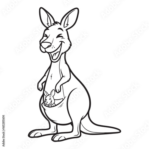 Cartoon kangaroo with joey in pouch black and white line art coloring page