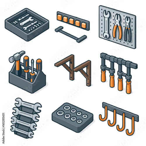 Wrench storage detailed tool socket icon shelf hooks isometric tray vector caddy