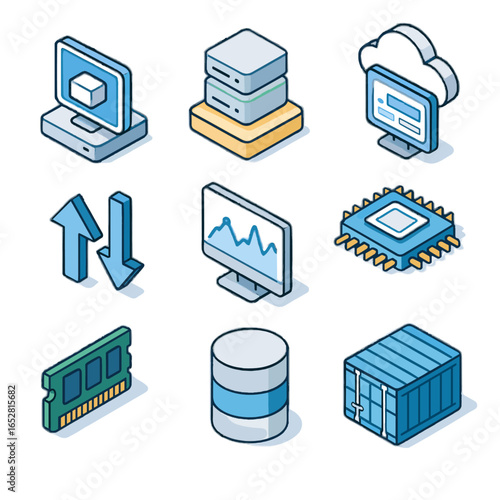 Isometric vector allocation scaling icon machine software container cpu console server cloud