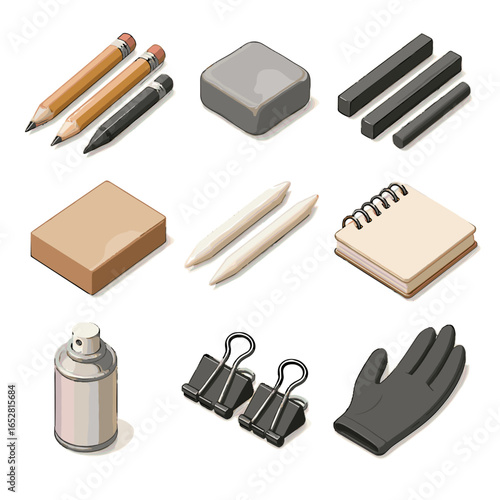 Tools drawing traditional vector sketch pad clips icon block eraser pencils charcoal