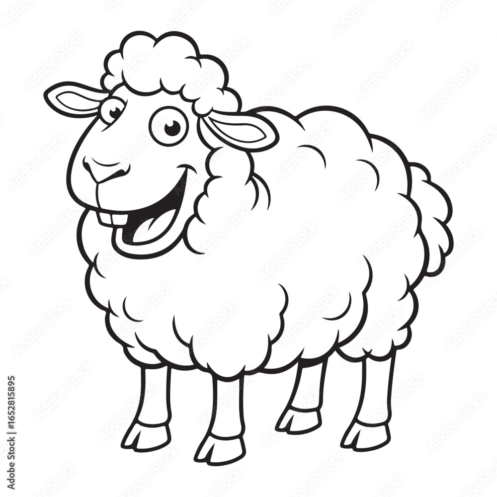 Obraz premium Cartoon sheep with a big smile in black and white outline coloring page