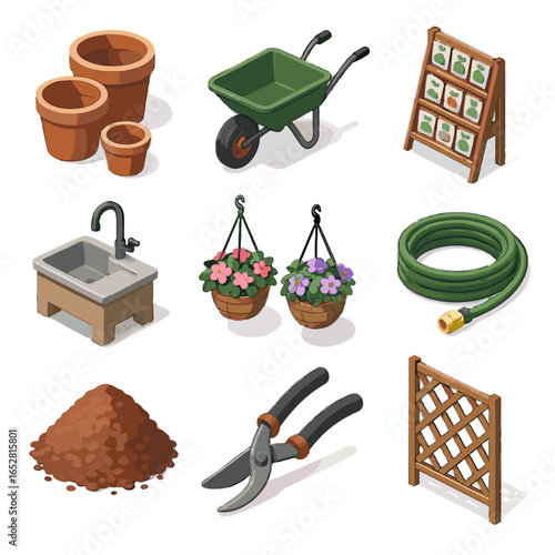 Seed station icons flower garden icon wheelbarrow pruning trellis pile vector nursery