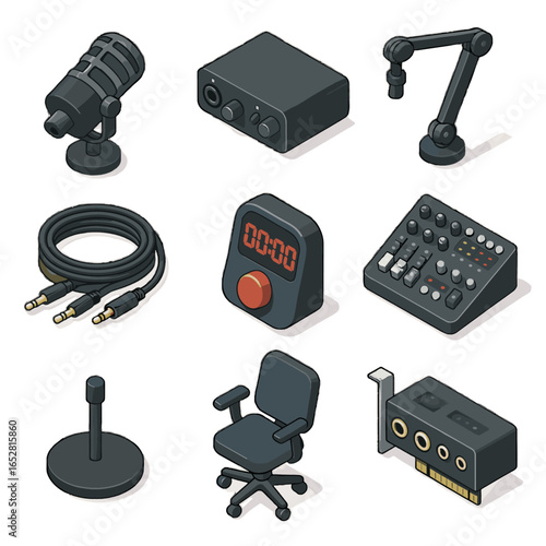 Icons arm equipment microphone stand podcast card interface organizer icon vector mixer