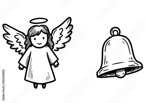 Cartoon angel with wings and halo beside a handbell  