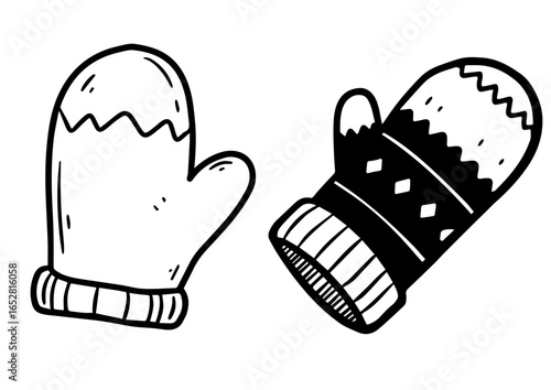 Two pairs of hand-drawn winter mittens in black and white design  